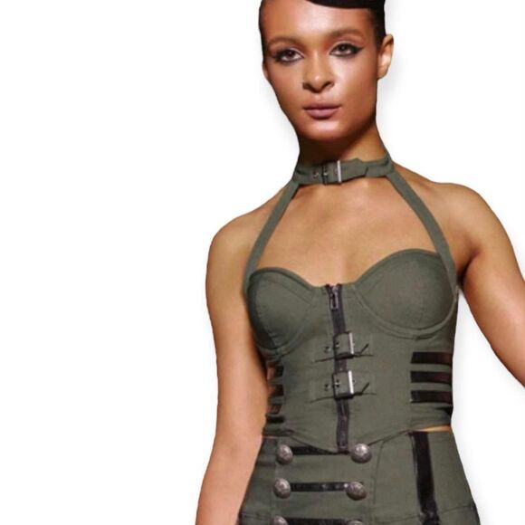 Military Green Black Leather Bustier Corset Top Killstar NEW - Picture 2 of 4